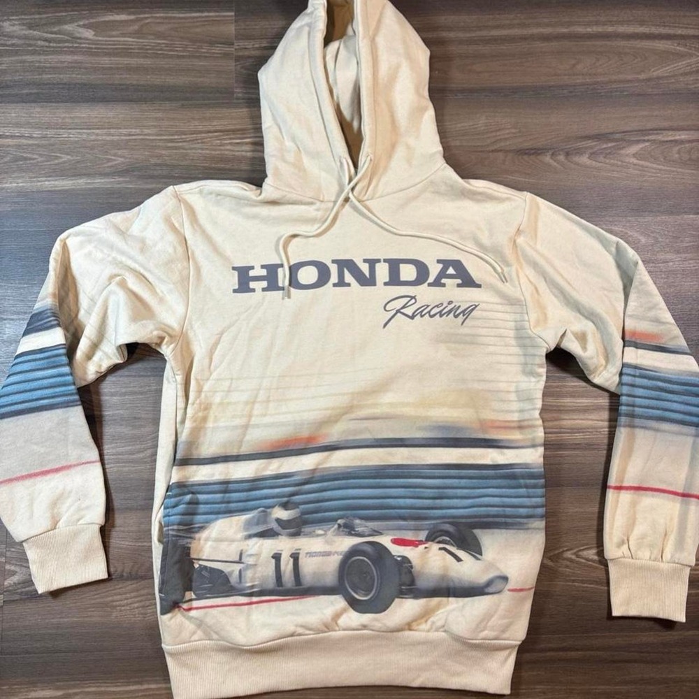 Honda Racing Hoodie with blue and red striped sleeves and graphic of a race car